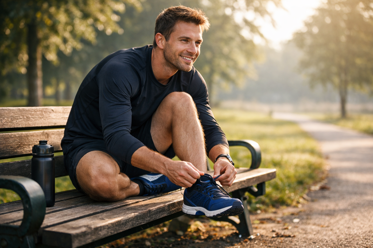Osoba zavazuje tkaničky běžeckých bot na lavičce v parku, ranní světlo