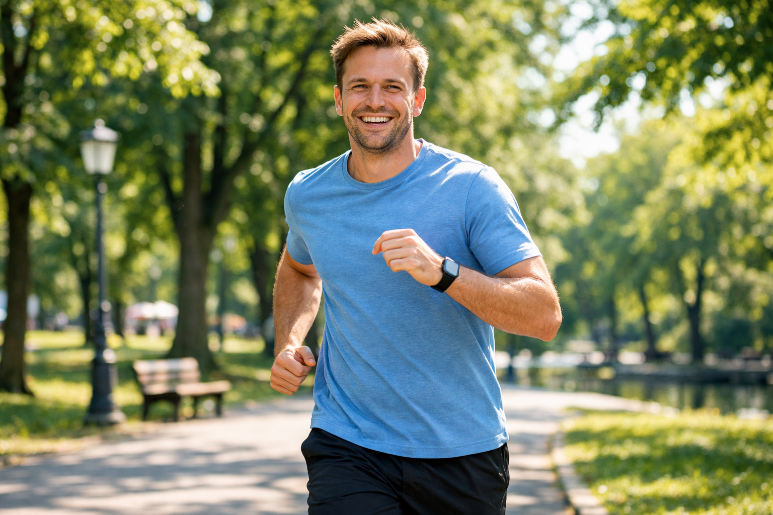 Přátelé joggují společně v slunném městském parku, příjemná nálada, zelené stromy